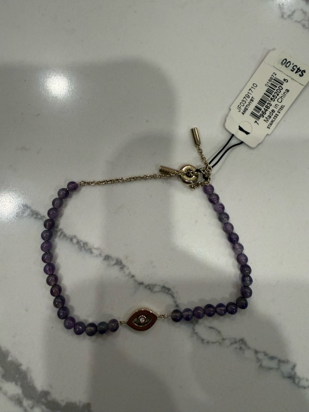 Fossil Purple Beaded Bracelet with Gold-Tone Evil Eye Charm